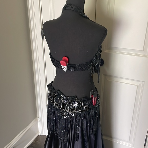 Black Silver Beaded Sequin Belly Oriental Dance Costume Black Green Satin Skirts - Picture 8 of 16